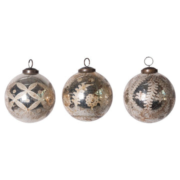 Antique Etched Mercury Glass Ball Ornaments (Set of 3)